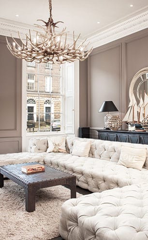 The ‘Restoration Hardware room’ has an NY loft aesthetic, with space for lots of friends on the Savoy sofa