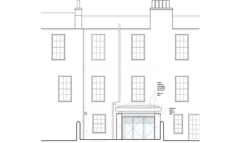 The exterior elevation showing how the extension’s roof is visible from the upstairs windows.