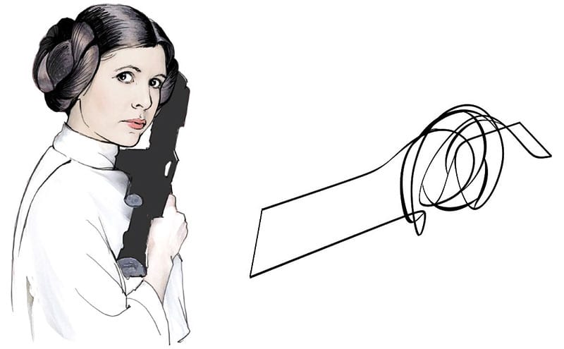Inspiration sketches showing Princess Leia’s hair and how it inspired the curves of the table 