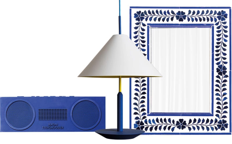 Bluetooth Wireless Speaker, £95, Lexon; Little Eliah Flying table lamp, £660, Maison Dada; Rectangular mirror with inlaid blue glass, £80, Raj Tent Club