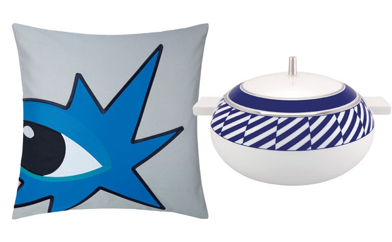 Eyes Cushion Cover in Blue, £45, Kenzo; Tureen from the Harvard Collection, from £211, Vista Alegre 
