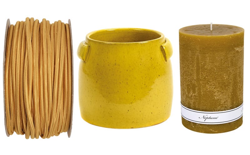 Gold round fabric cable, £4.80 per m, Urban Cottage Industries; Tabor yellow small pot, £36, Serax; Blyton 10x15cm candle, £11, Neptune