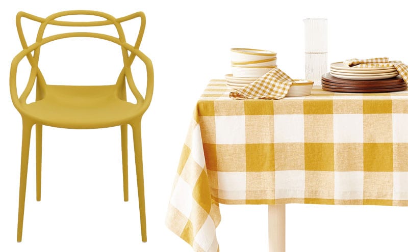 Masters chair, £159, Kartell; Checked faded linen tablecloth, £79.99, Zara Home