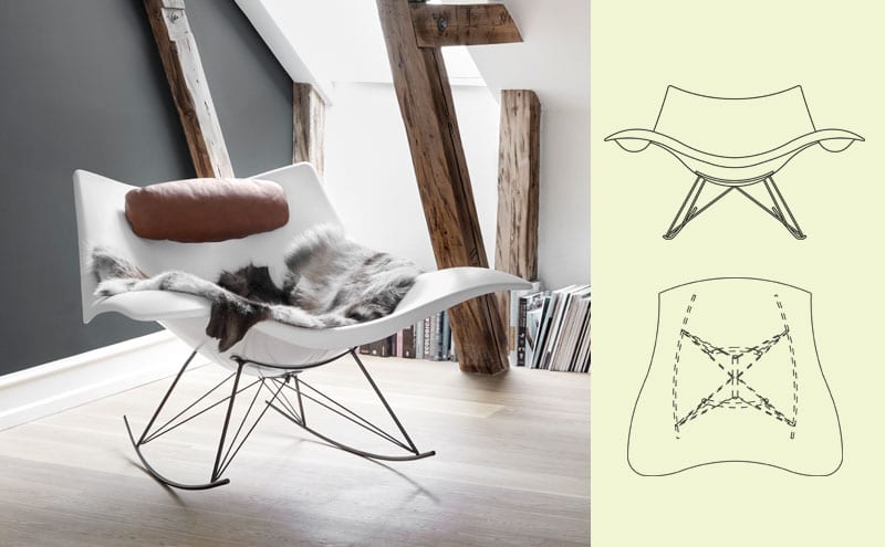 [Left] The chair in a new matt white finish along with a neck cushion; [Right] Thomas Pedersen’s production sketches  