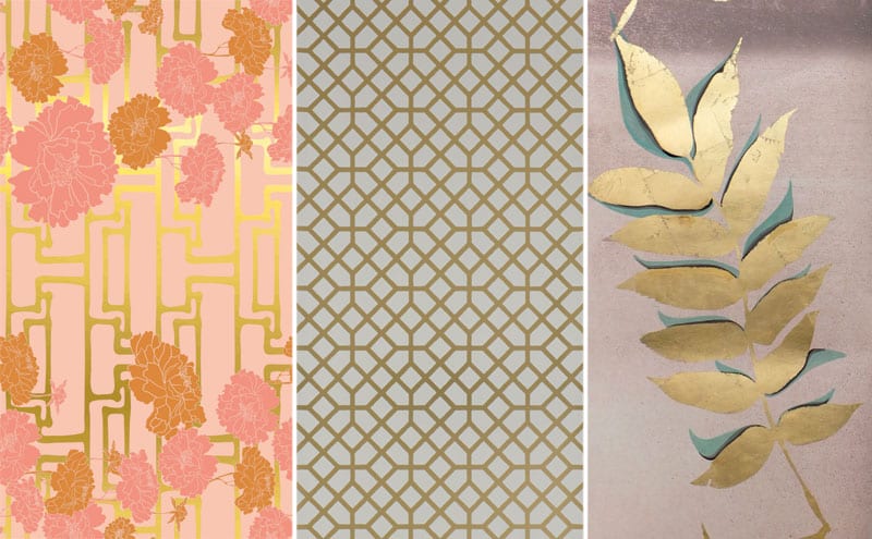 Kyoto in Nude, from around £230 per m, Rouge Absolu; Pisani Copper wallpaper, £82 per roll, Designers Guild; Gold Leaf Leaves, £185 per 3m panel, Louise Body