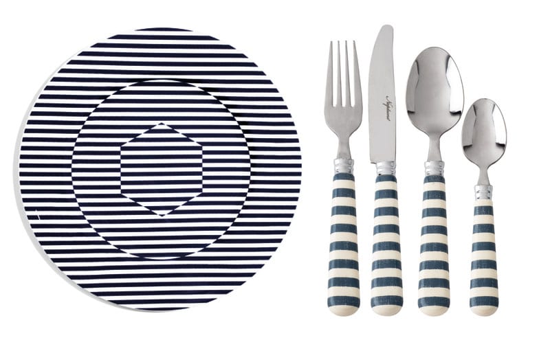 Superstripe 34cm Coupe Charger, £100, Richard Brendon; Polperro 24-piece cutlery set, £68, Neptune