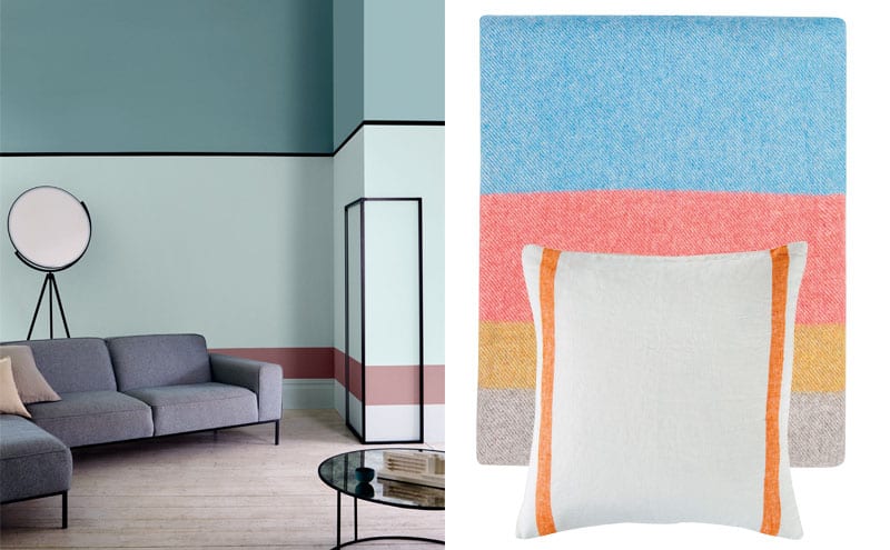 Duck egg, Matt Emulsion, from £14; Rebel, Feature wall matt, from £13; Attingham Blue, Feature Wall Matt, £13; May Queen, Period Collection, from £18; Crown Paints; Merino stripe throw, £129, Heal’s; Selvedge Stripe cushion cover in orange, £45, The Linen Works for The Conran Shop 