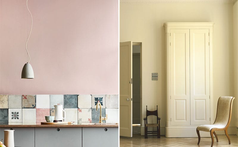 Thai Jasmine, £65.97 for 5L, Lakeland Paints; Wall, Light Peachblossom, cupboards, Grey Teal 226, £42 for 2.5L, Little Greene