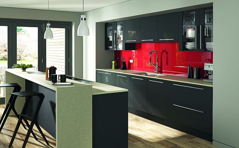 kitchen with red splashback