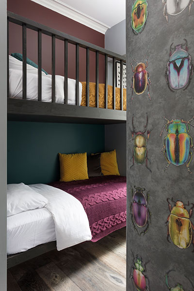 Woodchip & Magnolia’s colourful Beetle wallpaper adds a fun note to the designer’s daughter’s bedroom. The bunks were made to order
