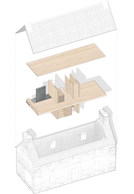 A 3-D diagram showing the series of oak boxes that make up the interior spaces at Kyle House