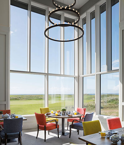 The hotel has been designed to focus guests’ attention on the golf course, but the Chelsom Custom Galaxy ceiling pendant attracts admiring glances, too