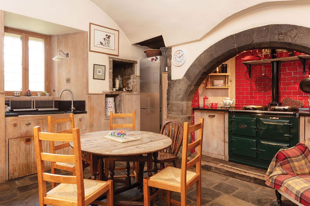 The-kitchen-at-Kinkell-castle-features-original-stonework