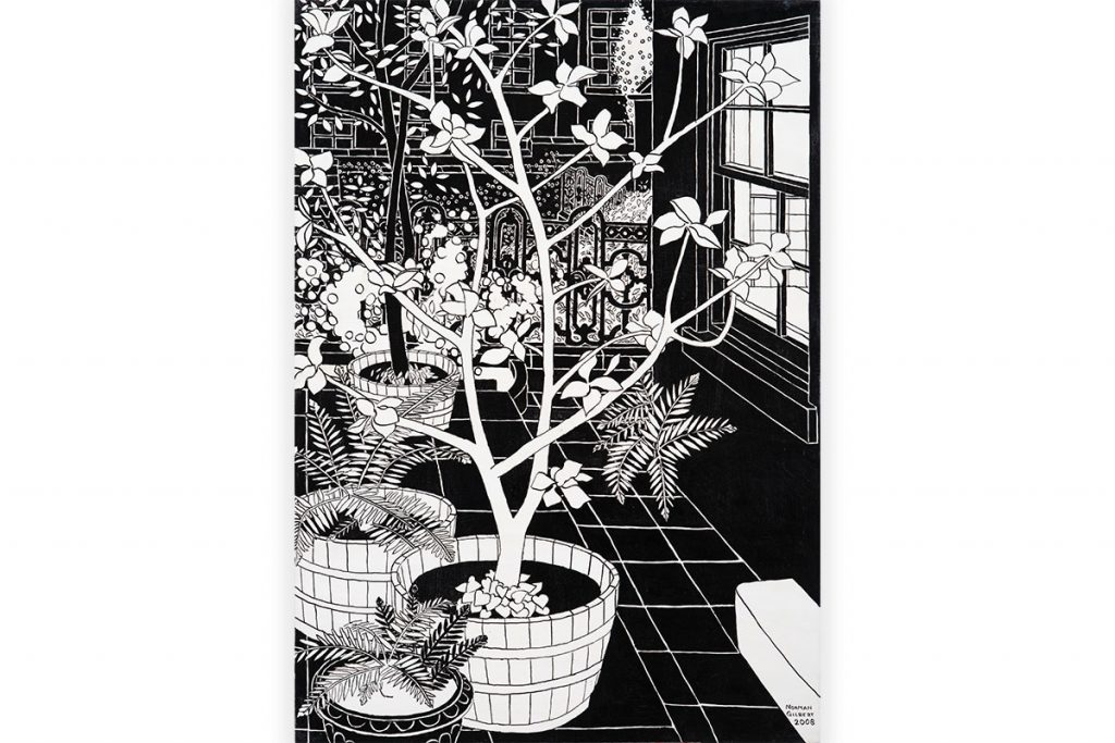 'Trees-and-Cast-Iron-Railings-B&W',-Indian-Ink-on-Board,-122-x-86-cm,-Norman-Gilbert-2009