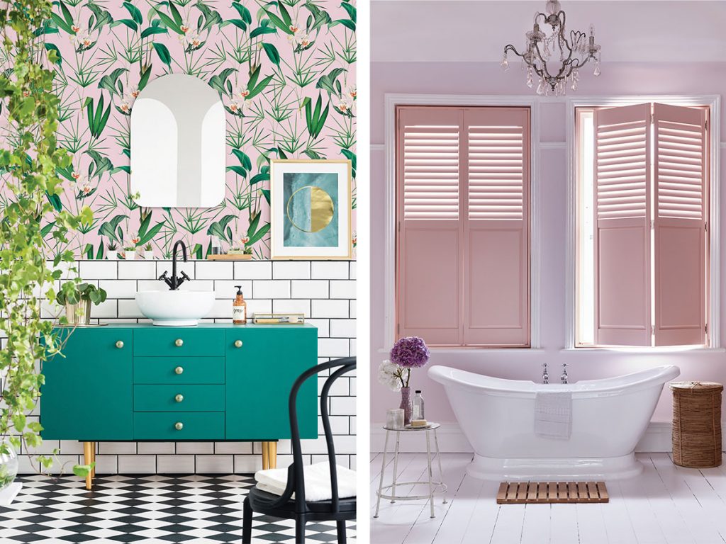 pink-bathroom-with-vibrant-wallpaper-and-pink-shutters
