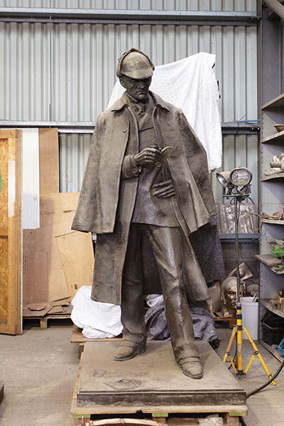 the-Sir-Arthur-Conan-Doyle-monument-(1990)-by-Gerald-Laing-in-storage-during-the-reconstruction-of-Picardy-Place-in-Edinburgh