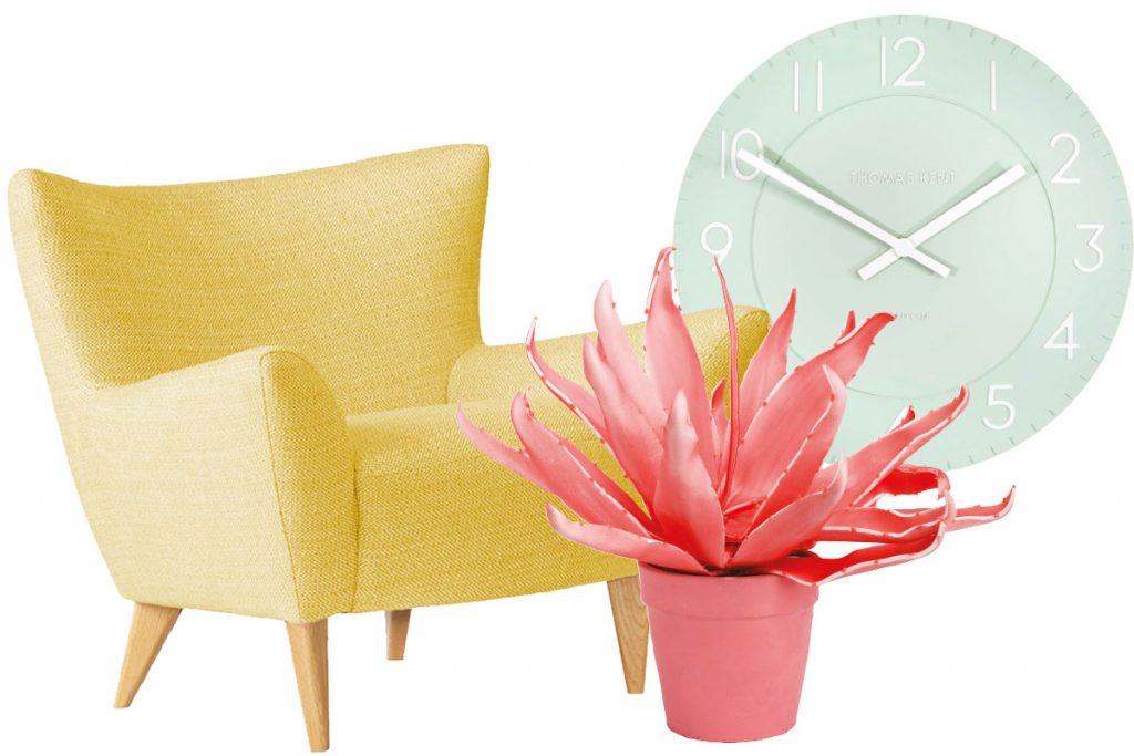 pastel-yellow-chair-mint-clock-and-pink-faux-plant