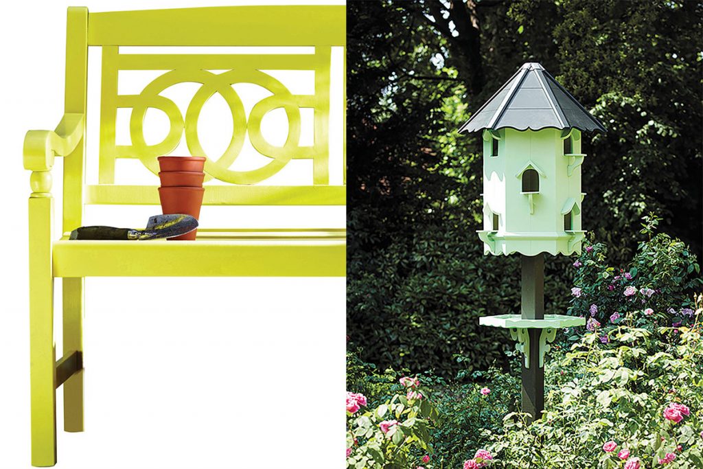 yellow-bench-and-painted-bird-house