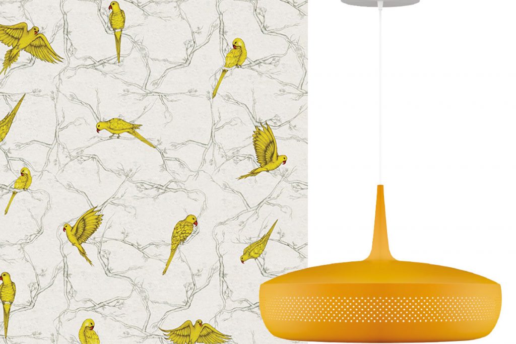 bird-wallpaper-and-yellow-light-fixture