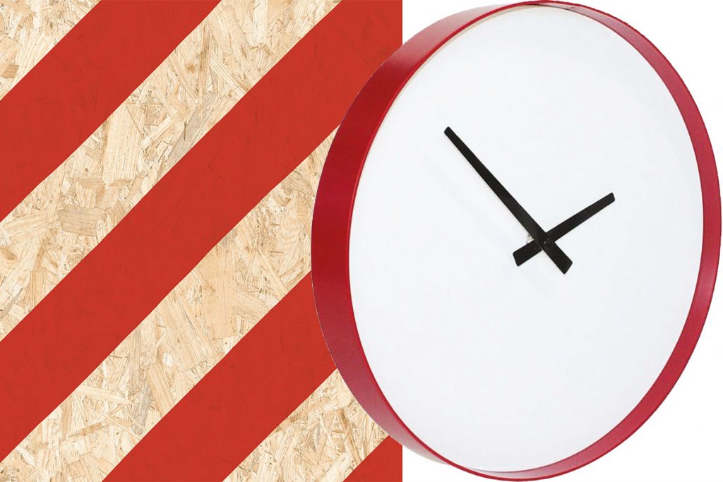 red-clock-and-striped-plywood