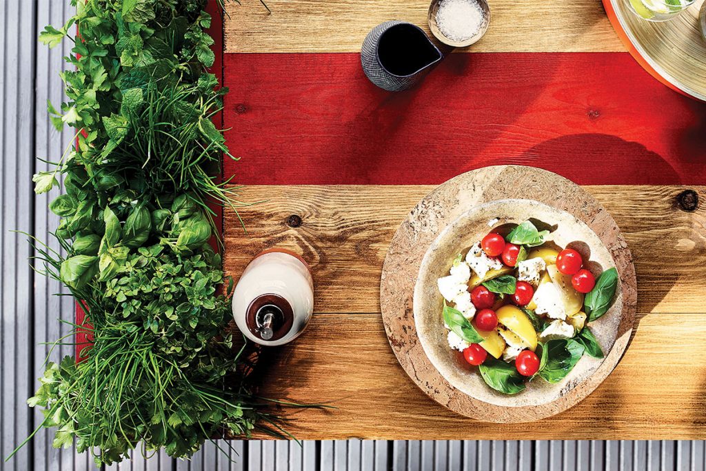 red-strip-table-with-salad-on-it