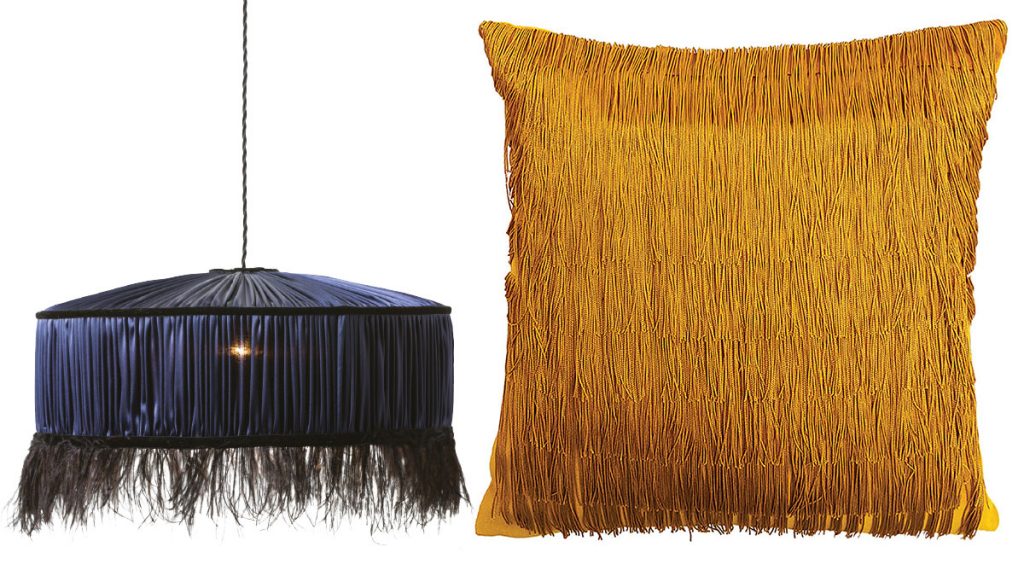 Coco-feather-chandelier,-£275,-Curious-Egg-and-Tassel-cushion-in-ochre,-£125,-One-Nine-Eight-Five