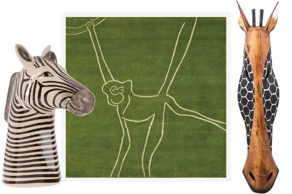 zebra-vase-monkey-rug-and-giraffe-mask