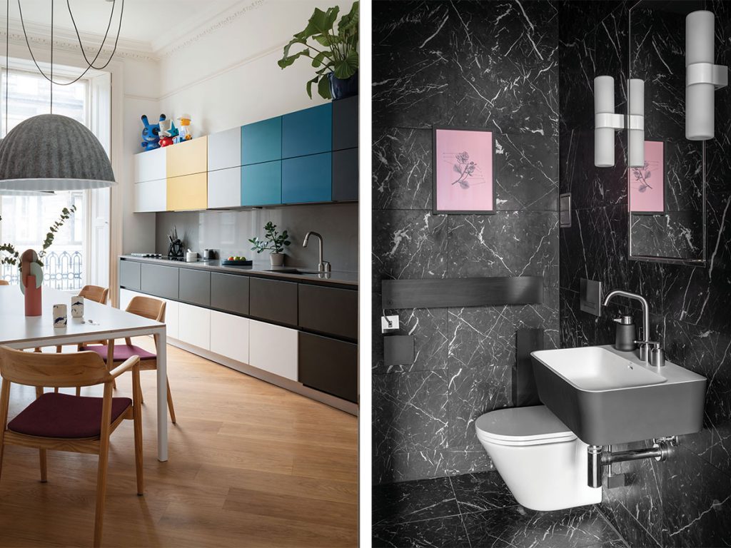 kitchen-gradiated-colour-cupboards-and-black-marble-bathroom-with-pink-print