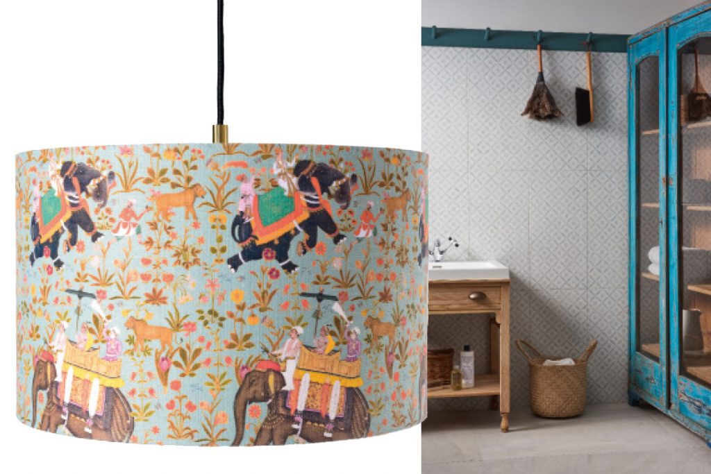 patterned-wallpaprt-and-elephant-print-lampshade