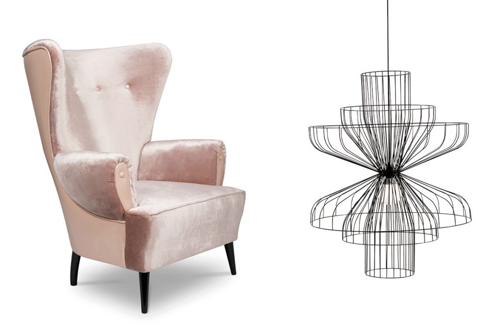 pink high back armchair and black minimal line reset pendant light