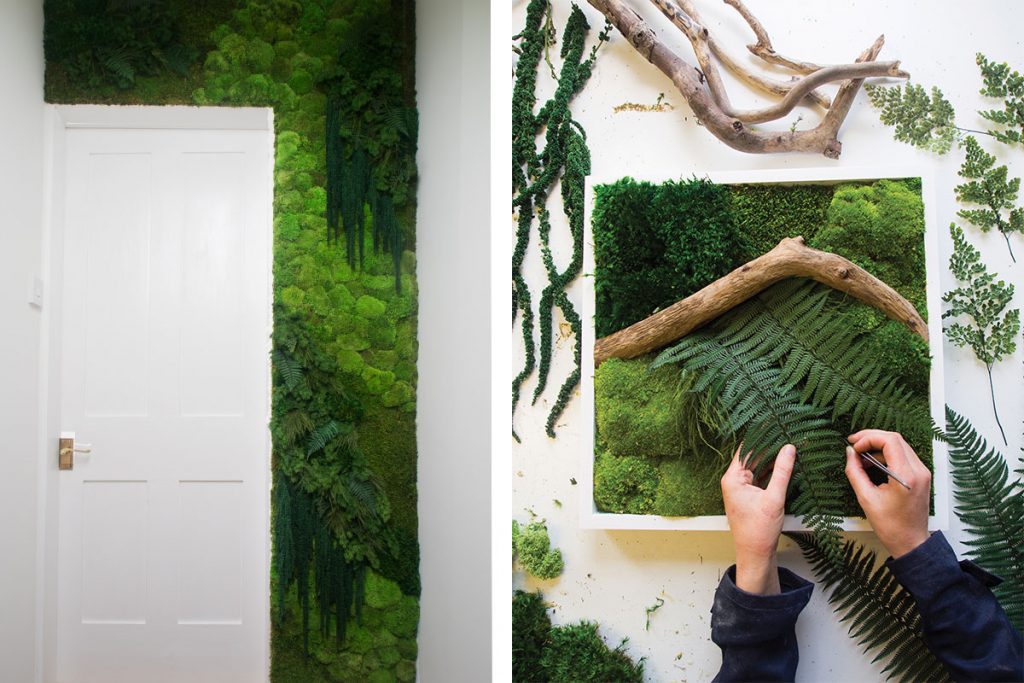 moss artwork in progress and moss-covered wall