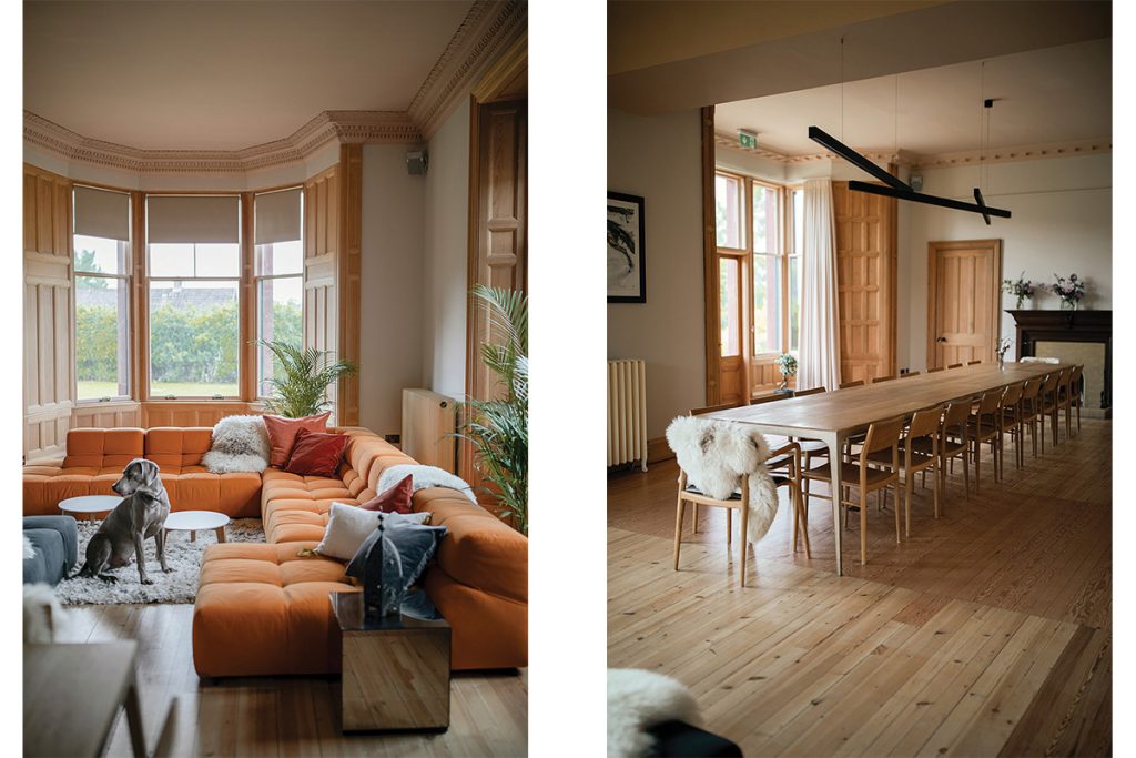 Living room with large orange BB Italia sofa and lounging big grey dog; large brass and oak dining table seating 20