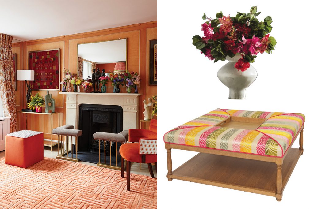 orange themed cosy living room plus faux flowers and an ottoman