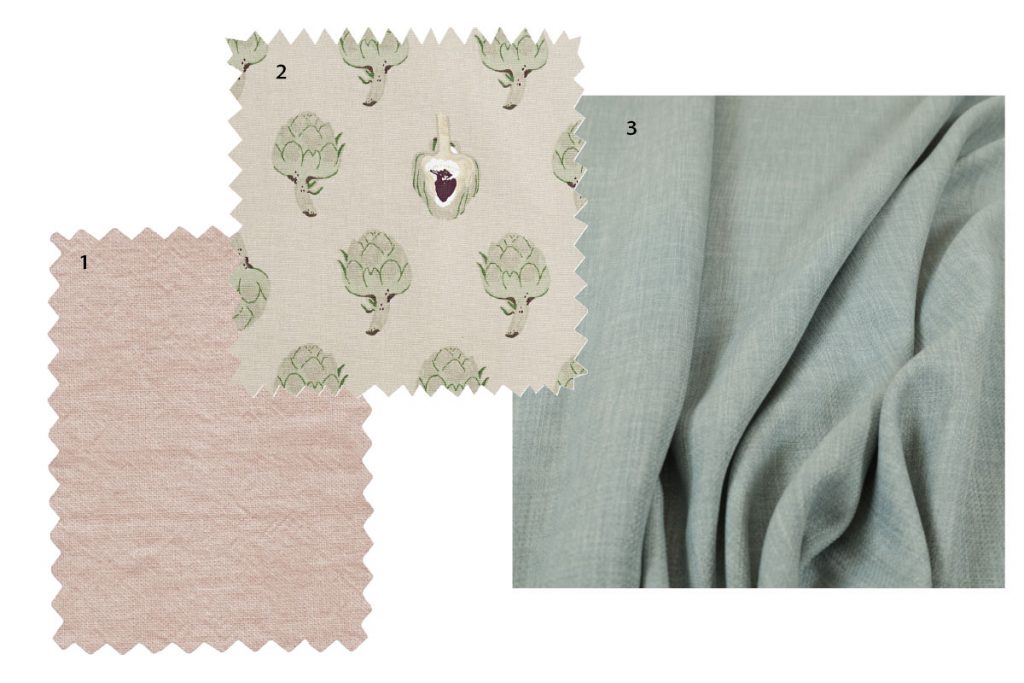 collection of neutral fabrics, pink, blue, and oatmeal with artichoke pattern