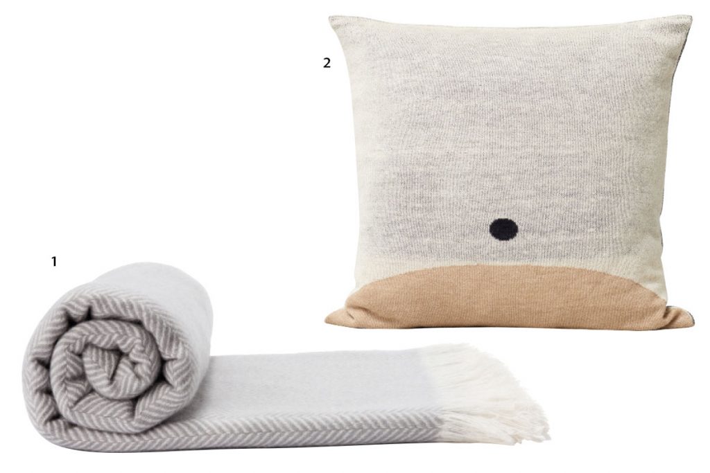 cashmere blanket in soft blue and white, Nordic Living neutral oversized cushion