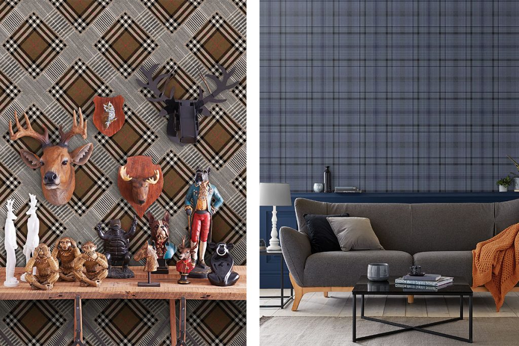 two tartan plaid wallpapered rooms
