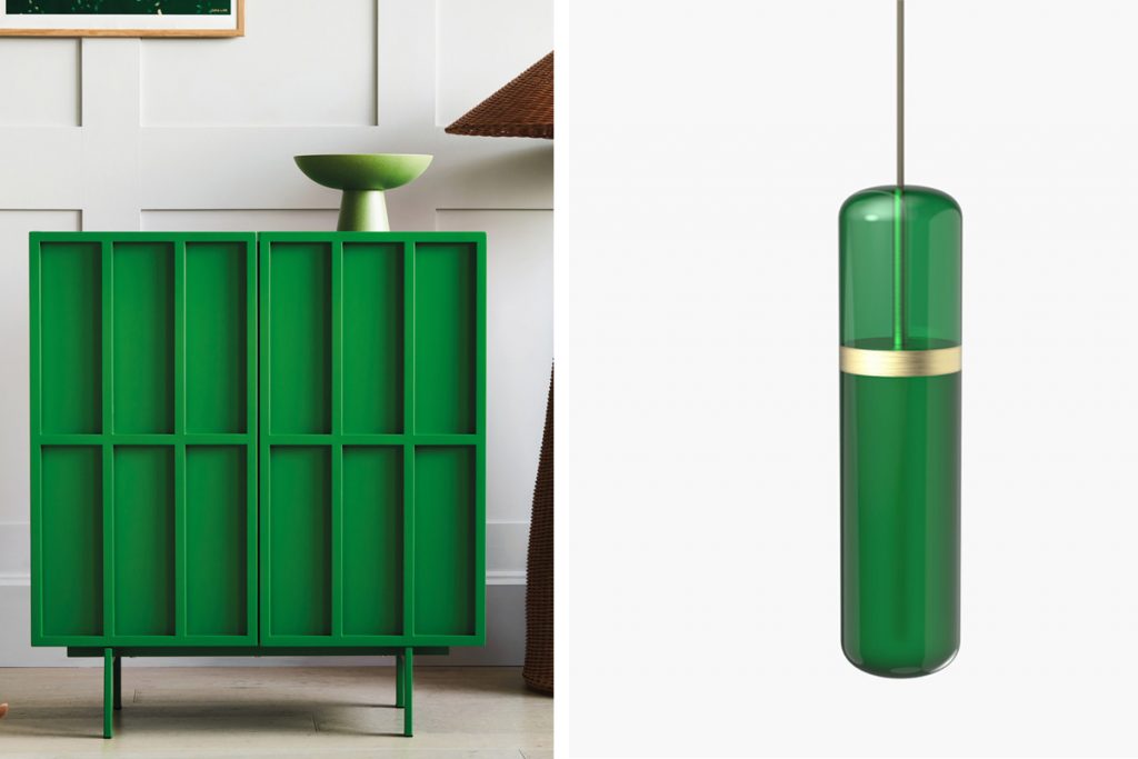 (Left) Panelled cabinet in Fern Green, £1,195, Rose &amp; (right) GreyPill light, £850, Empty State