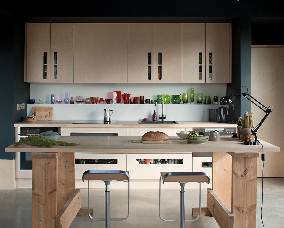 kitchen, plywood, pale wood, coloured glass collection, island, bench skylight