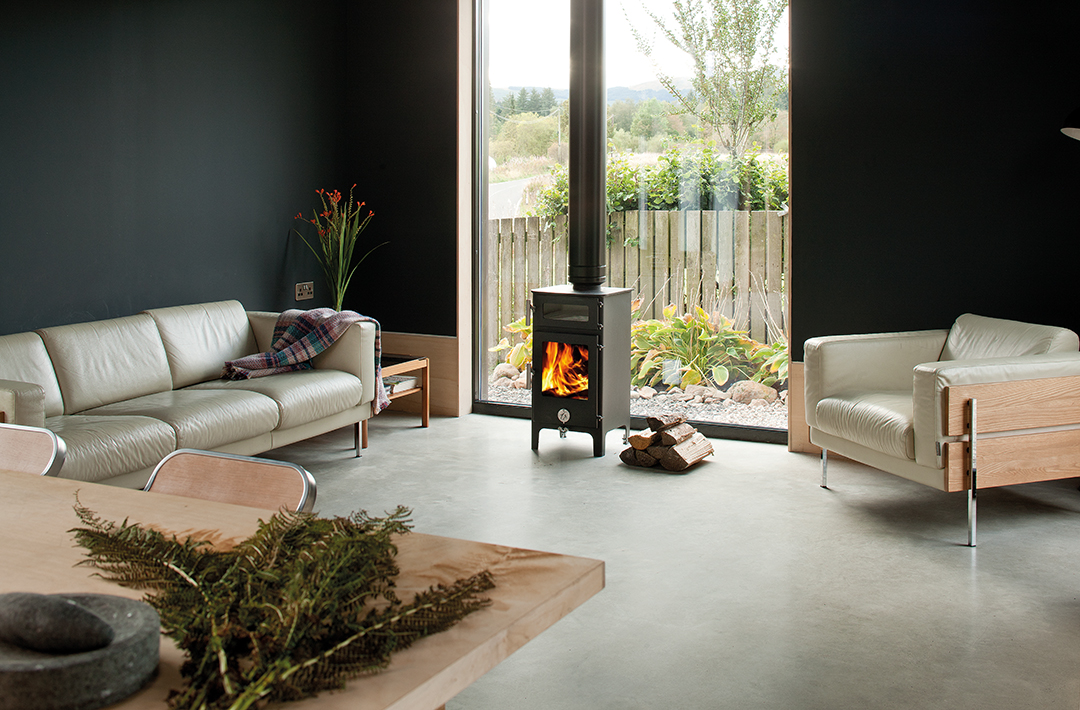 wood-burning stove, mid-century furniture, views to the garden outside, minimalist design 
