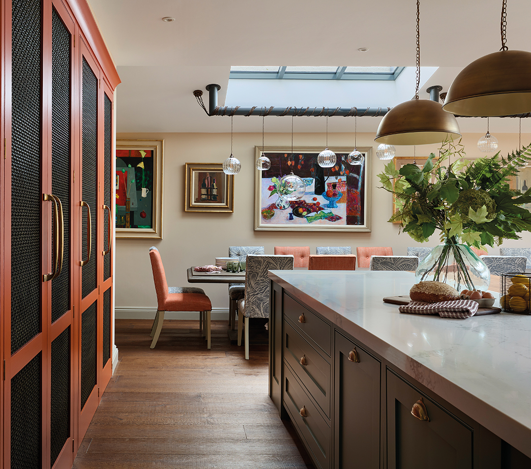 kitchen view, bespoke cabinetry, skylight, natural light 