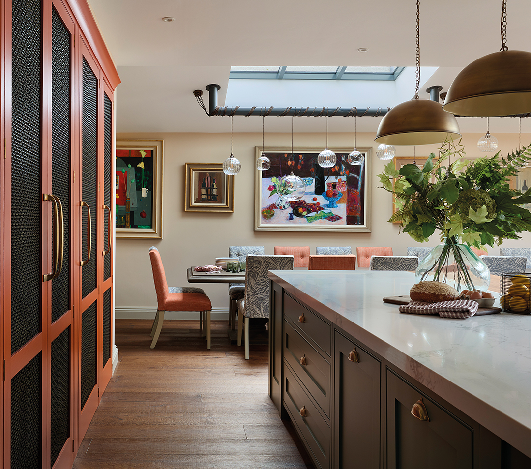 kitchen view, bespoke cabinetry, skylight, natural light